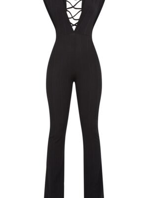 Black Bandage Rib Plunge Cross Back Jumpsuit
