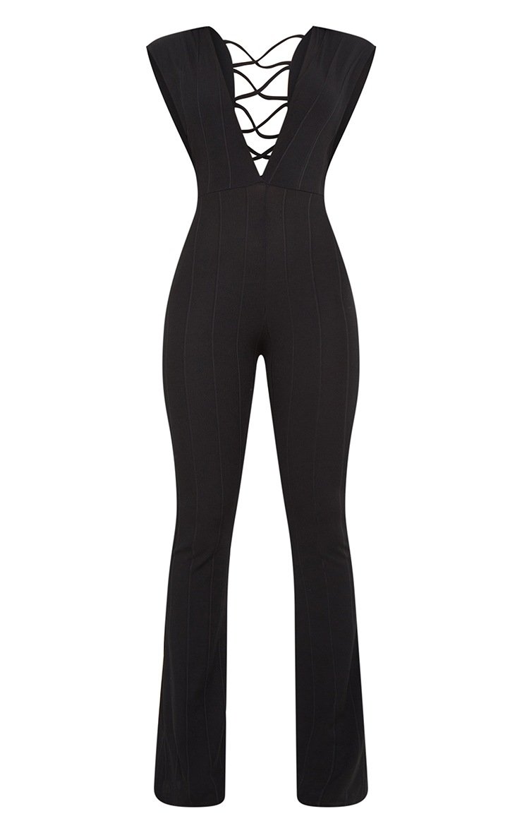 Black Bandage Rib Plunge Cross Back Jumpsuit