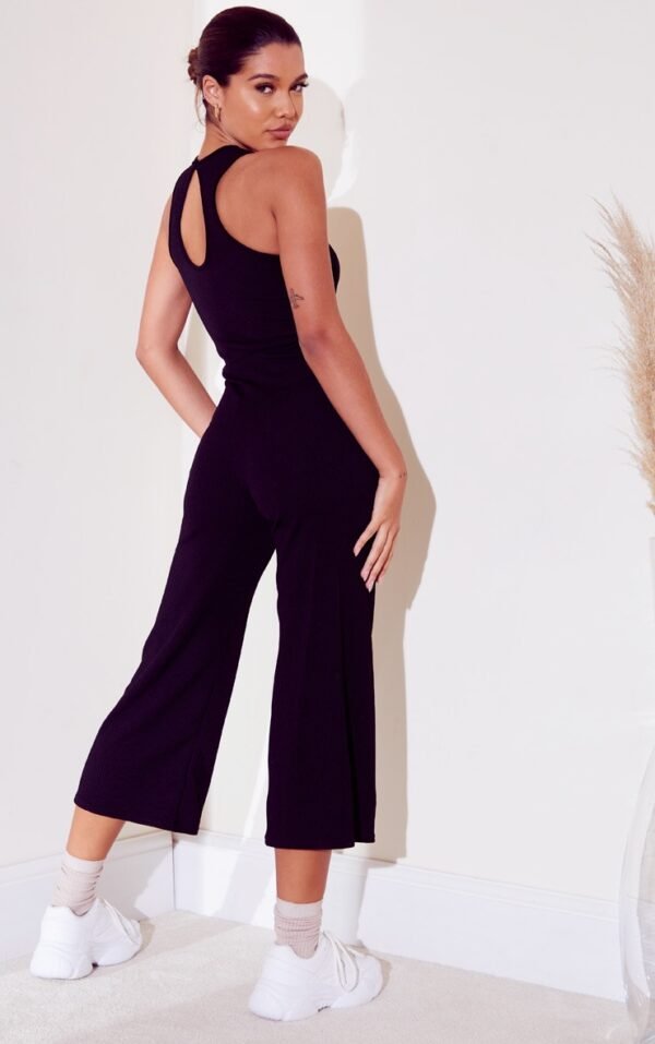 Black Crinkle Rib Racer Neck Culotte Jumpsuit
