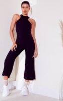 Black Crinkle Rib Racer Neck Culotte Jumpsuit