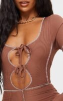 Chocolate Tie Front Contrast Seam Short Sleeve Jumpsuit