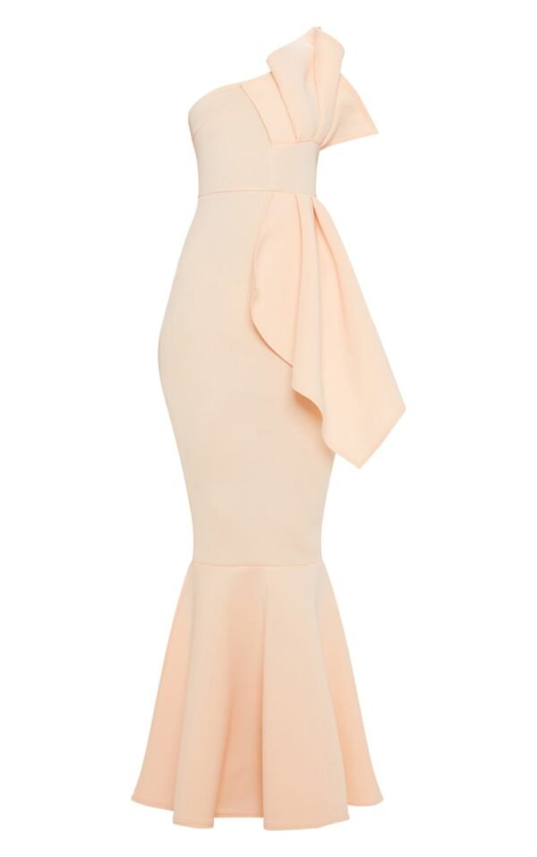 Nude Bonded Scuba Pleated One Shoulder Fishtail Maxi Dress