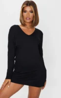 Black Basic Long Sleeve V Neck Plunge T-Shirt Dress