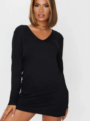 Black Basic Long Sleeve V Neck Plunge T-Shirt Dress