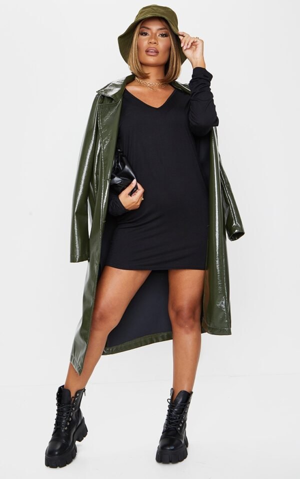 Black Basic Long Sleeve V Neck Plunge T-Shirt Dress