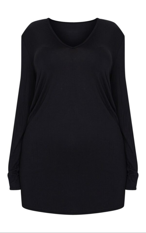 Black Basic Long Sleeve V Neck Plunge T-Shirt Dress