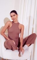 Camel Crinkle Rib Racer Neck Culotte Jumpsuit