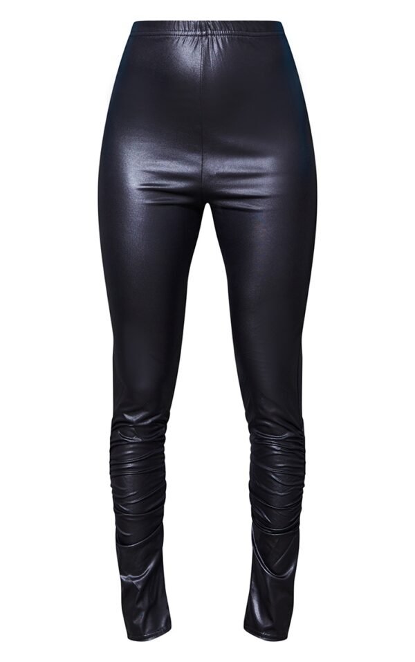 Black Wet Look Ruched Split Hem Leggings