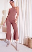 Camel Crinkle Rib Racer Neck Culotte Jumpsuit