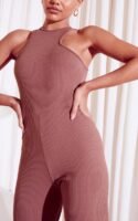 Camel Crinkle Rib Racer Neck Culotte Jumpsuit