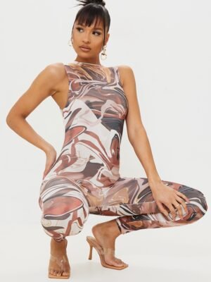 Chocolate Abstract Print High Neck Sleeveless Jumpsuit