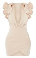 Stone Scuba Frill Sleeve Plunge Bodycon Dress