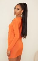 Orange Slinky Ruched Zip Through Bodycon Dress