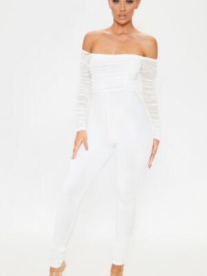 White Mesh Bardot Long Sleeve Jumpsuit
