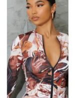 Chocolate Abstract Print Slinky Ruched Zip Through Bodycon Dress