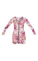 Pink Swirl Print Slinky Ruched Zip Through Bodycon Dress