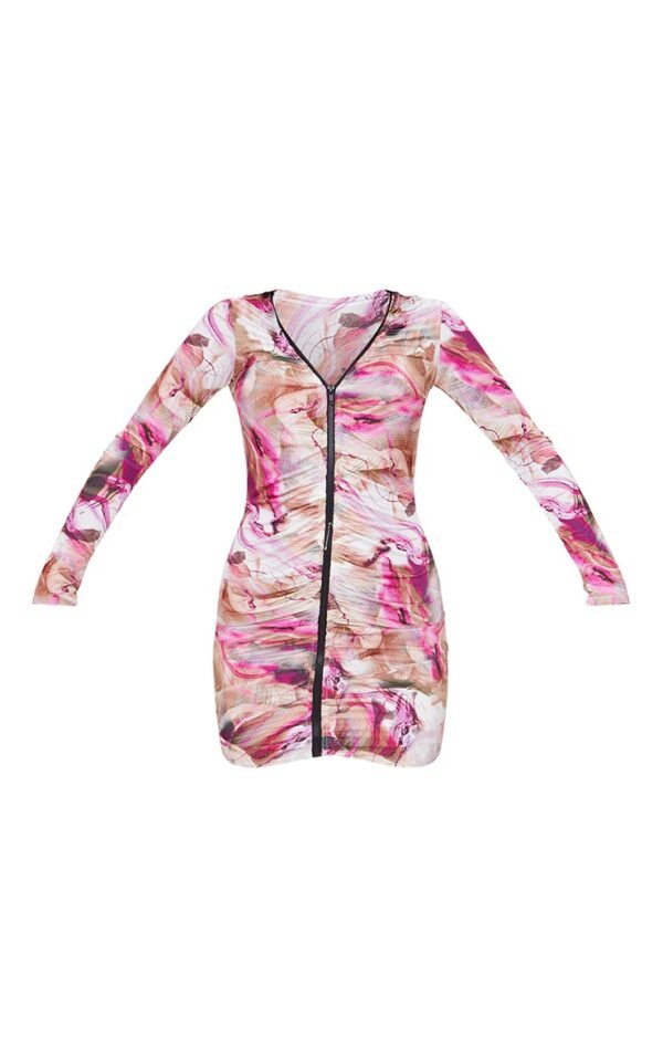 Pink Swirl Print Slinky Ruched Zip Through Bodycon Dress
