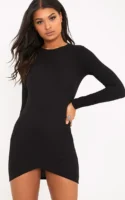 Black Long Sleeve Wrap Skirt Bodycon Dress