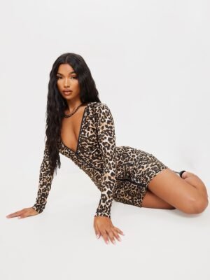 Brown Leopard Print Slinky Ruched Zip Through Bodycon Dress
