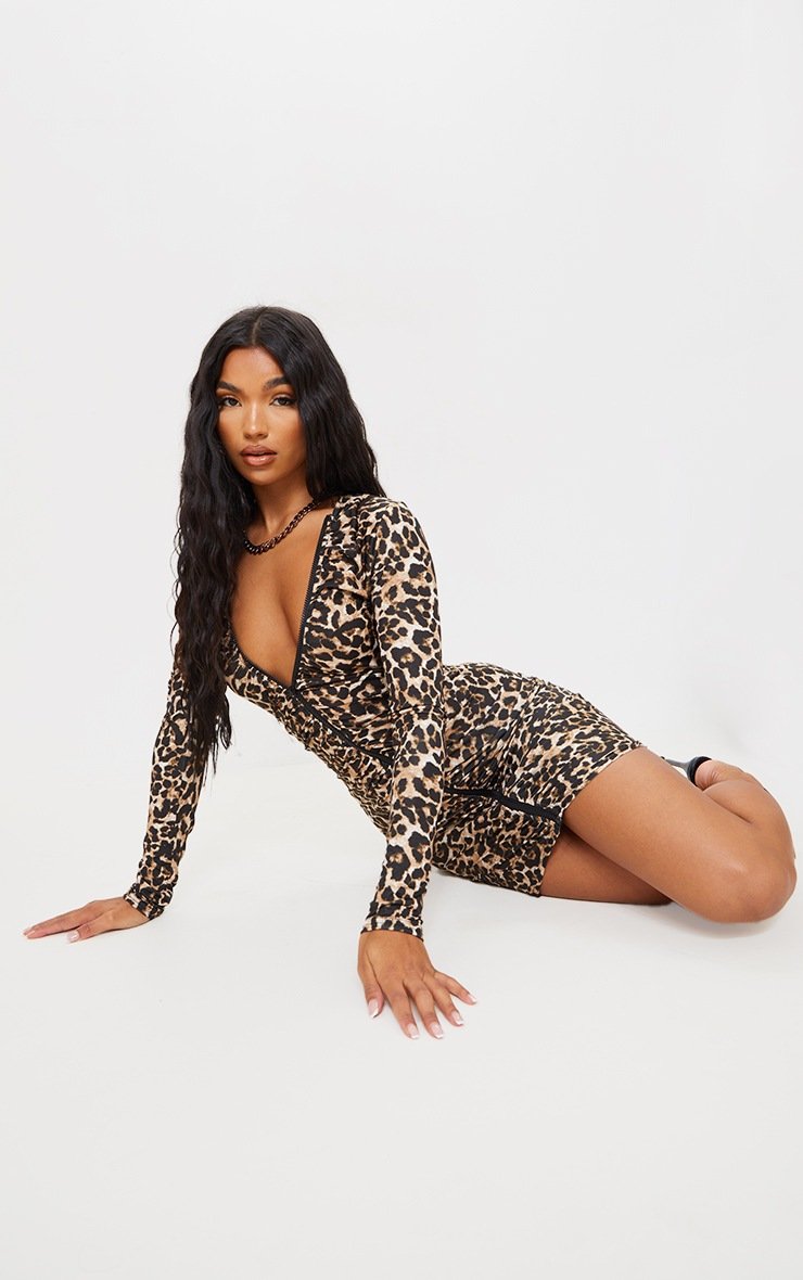 Brown Leopard Print Slinky Ruched Zip Through Bodycon
