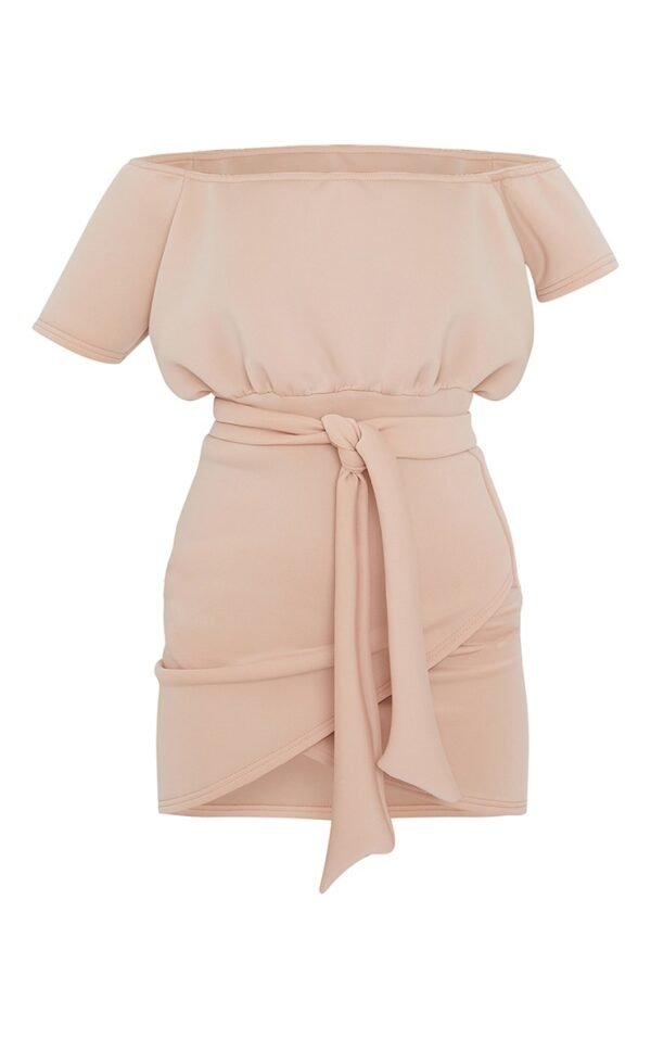 Stone Scuba Off Shoulder Tie Waist Bodycon Dress
