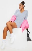 Grey Basic V Neck Long Sleeve T-Shirt Dress