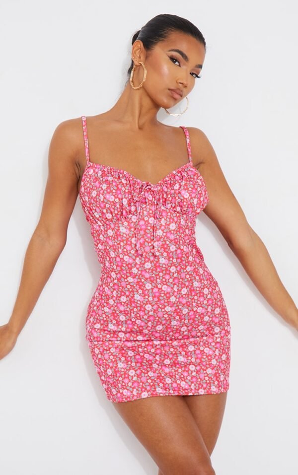 Pink Ditsy Print Ruched Bust Tie Detail Shift Dress