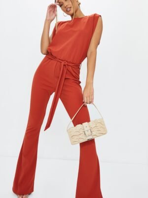 Rust High Neck Shoulder Pad Sleeveless Jumpsuit