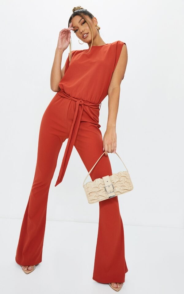 Rust High Neck Shoulder Pad Sleeveless Jumpsuit