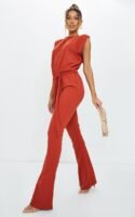 Rust High Neck Shoulder Pad Sleeveless Jumpsuit