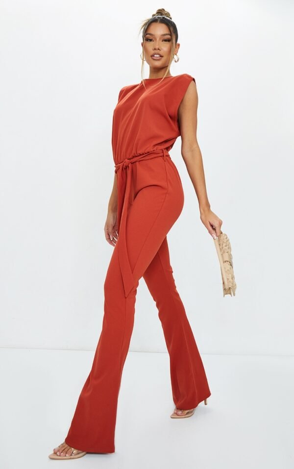 Rust High Neck Shoulder Pad Sleeveless Jumpsuit