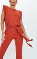 Rust High Neck Shoulder Pad Sleeveless Jumpsuit