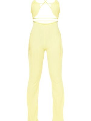 Yellow Bandage Rib Cross Back Flared Jumpsuit