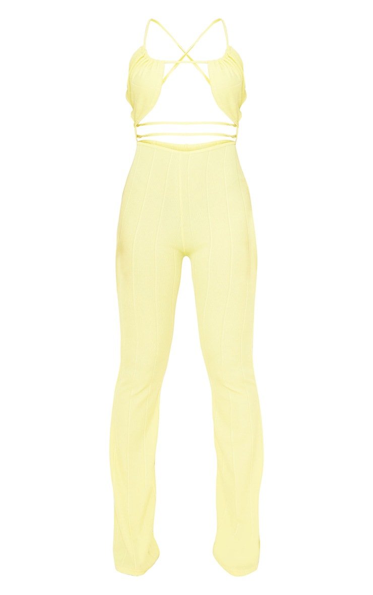 Yellow Bandage Rib Cross Back Flared Jumpsuit