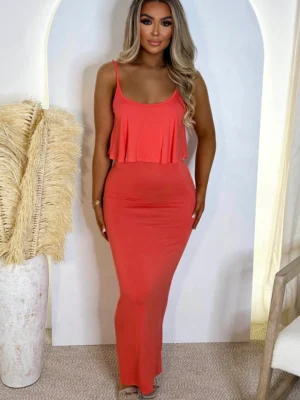 Coral Frill Detail Jersey Maxi Dress